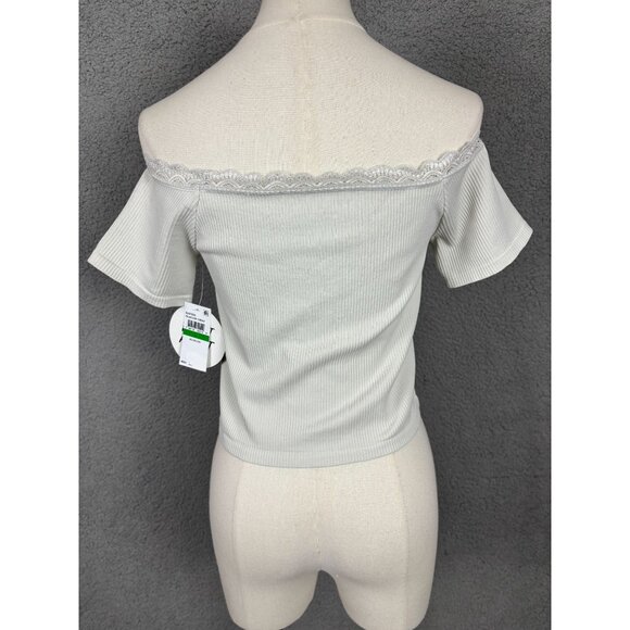 Planet Heart Juniors' Cropped Gray Off-Shoulder Ribbed Lace Trim Top Large NWT's - Picture 5 of 8